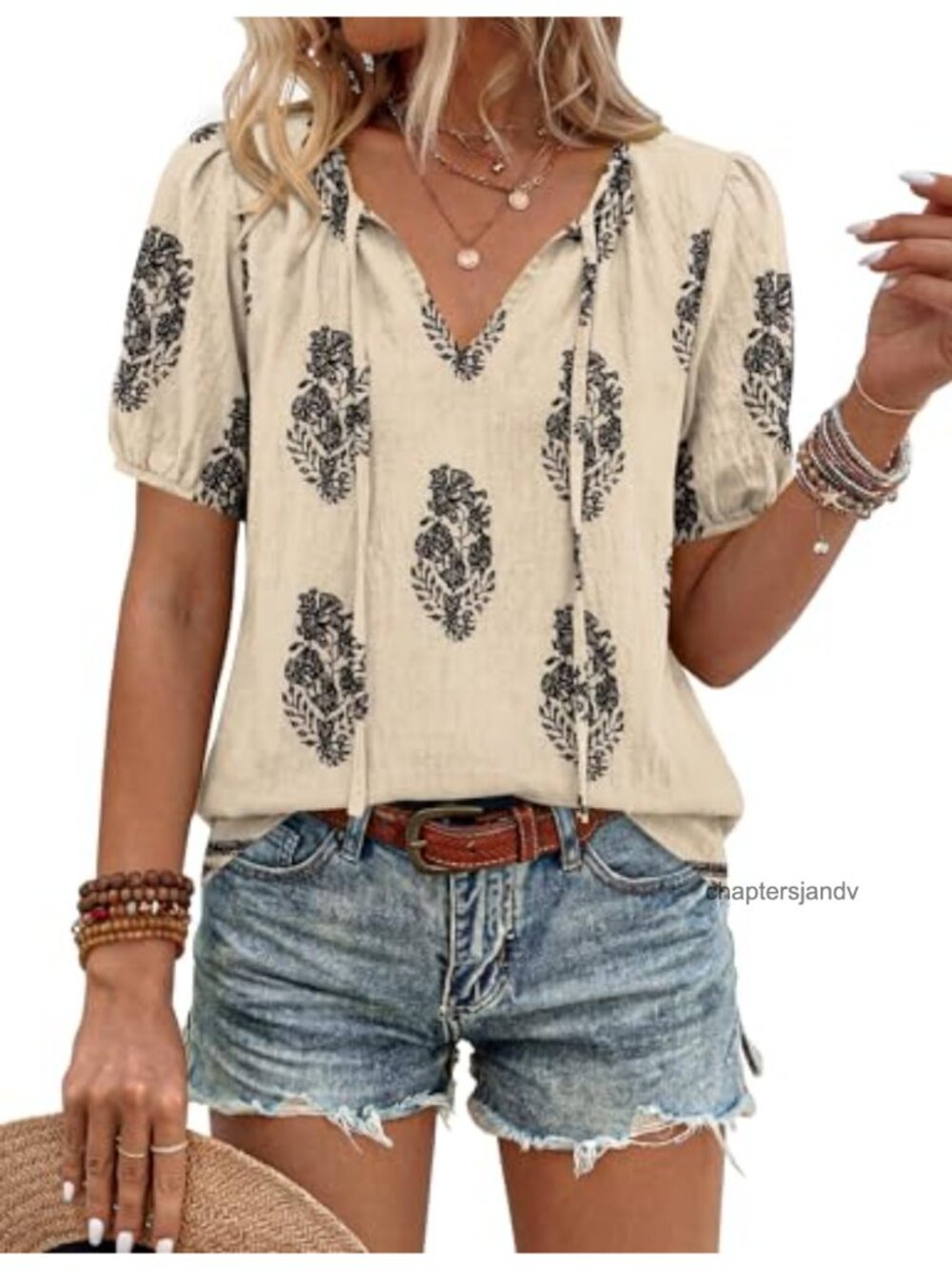 Boho Peasant Blouse Women Short Sleeve V-Neck Tie Front Flowy Summer Top 85%